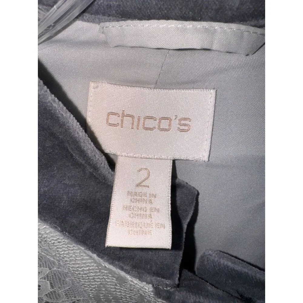 Women's CHICO'S Gray Velvet Lace Patchwork Artisan Jacket Blazer Size 2 Large Po